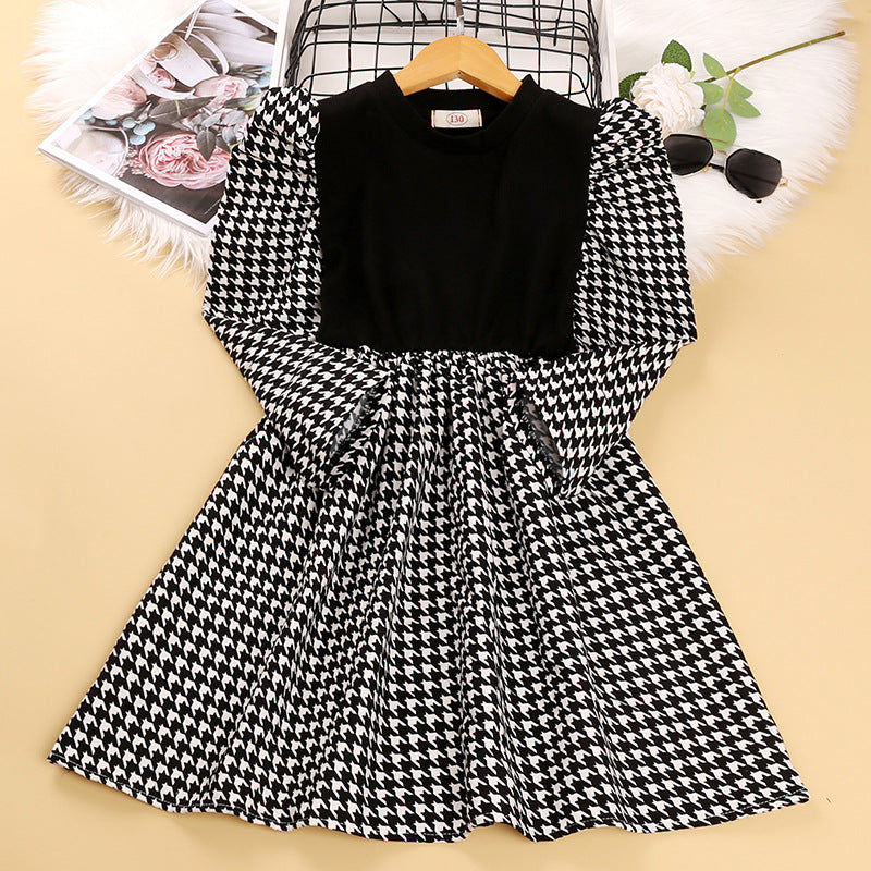 Toddler Kids Girls Black and White Check Long Sleeve Pleated Dress - PrettyKid