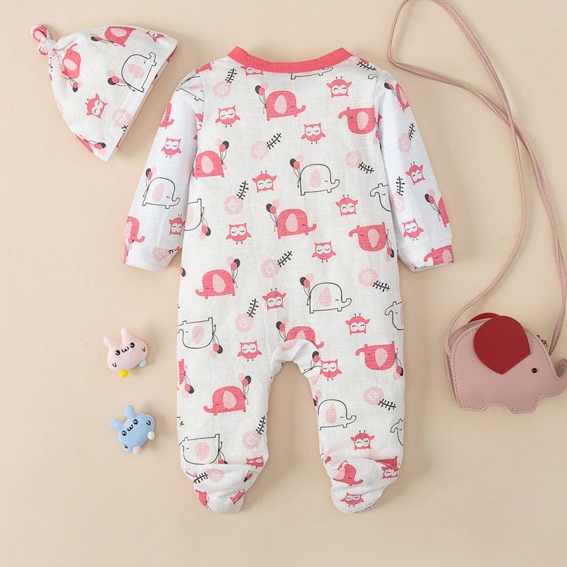 Baby Girls Cartoon Elephant Slant Placket Wrap Foot Jumpsuit Hat Two Piece Set - PrettyKid