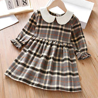 Children Girl's Doll Neck Plaid Long Sleeve Dress - PrettyKid