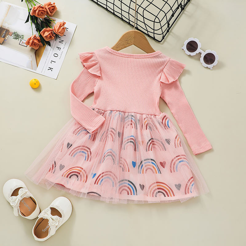 Toddler Kids Girls Pink Long Sleeve Rainbow Print Dress - PrettyKid