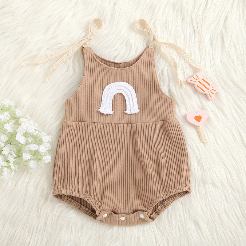 Baby Boys Girls Solid Color Knitted Rainbow Embroidery Suspender Bodysuit - PrettyKid