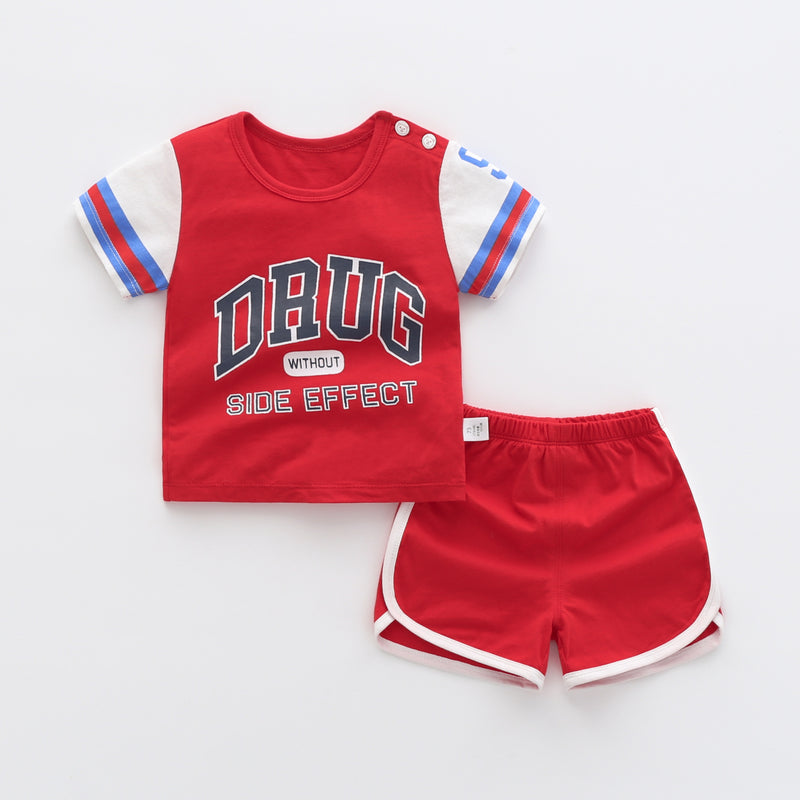 Toddler Summer Solid Color Cartoon Print Short-sleeved Sports Suit - PrettyKid