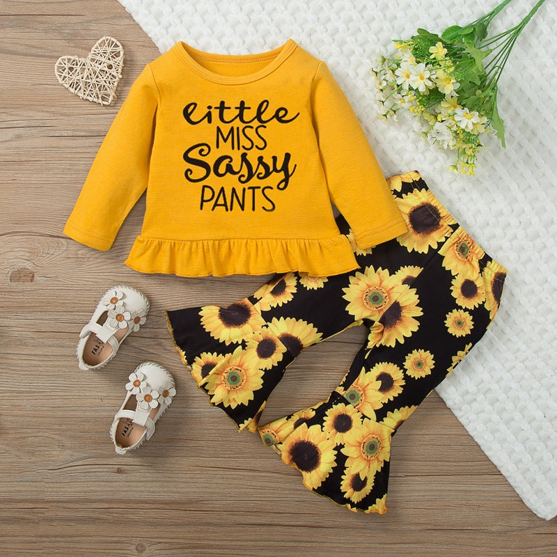 Toddler Girls Solid Color Top Flower Print Pants Set - PrettyKid