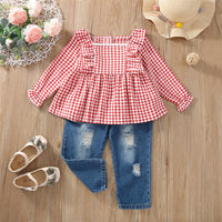 Toddler Kids Girls Pink Plaid Lace Collar Top Jeans Set - PrettyKid