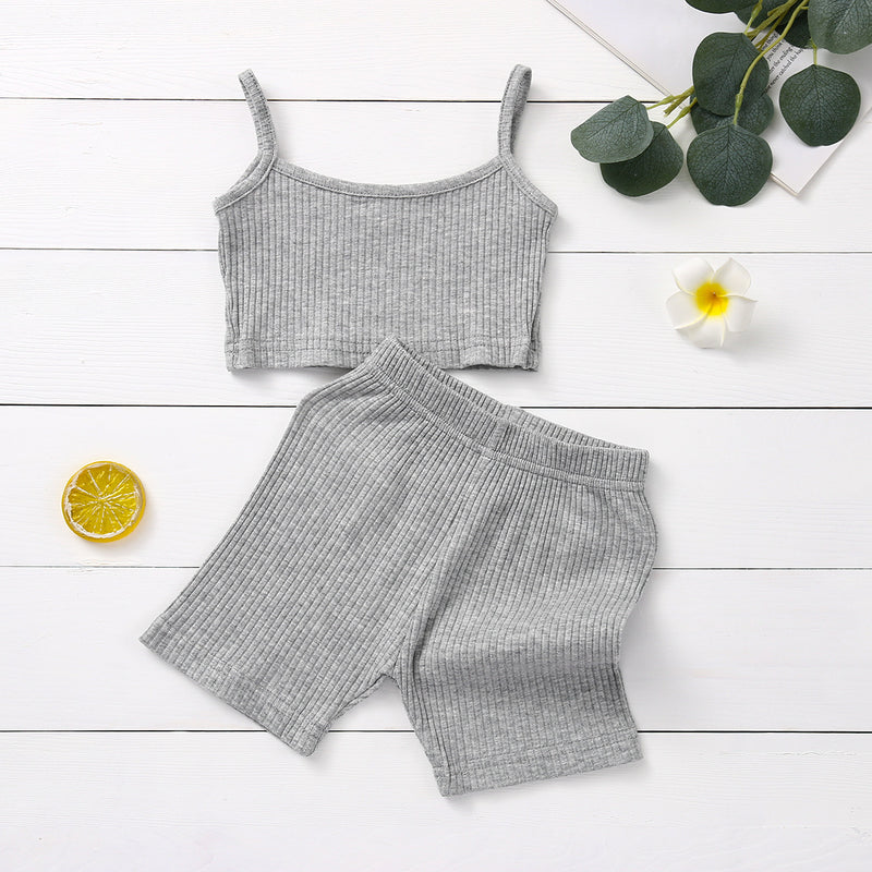Toddler Girls Solid Color Knitted Camisole Undershirt Pants 2PCS - PrettyKid