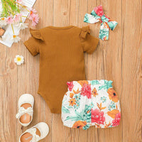 Baby Girl Solid Letter Short Sleeve Top Floral Print Shorts Set - PrettyKid