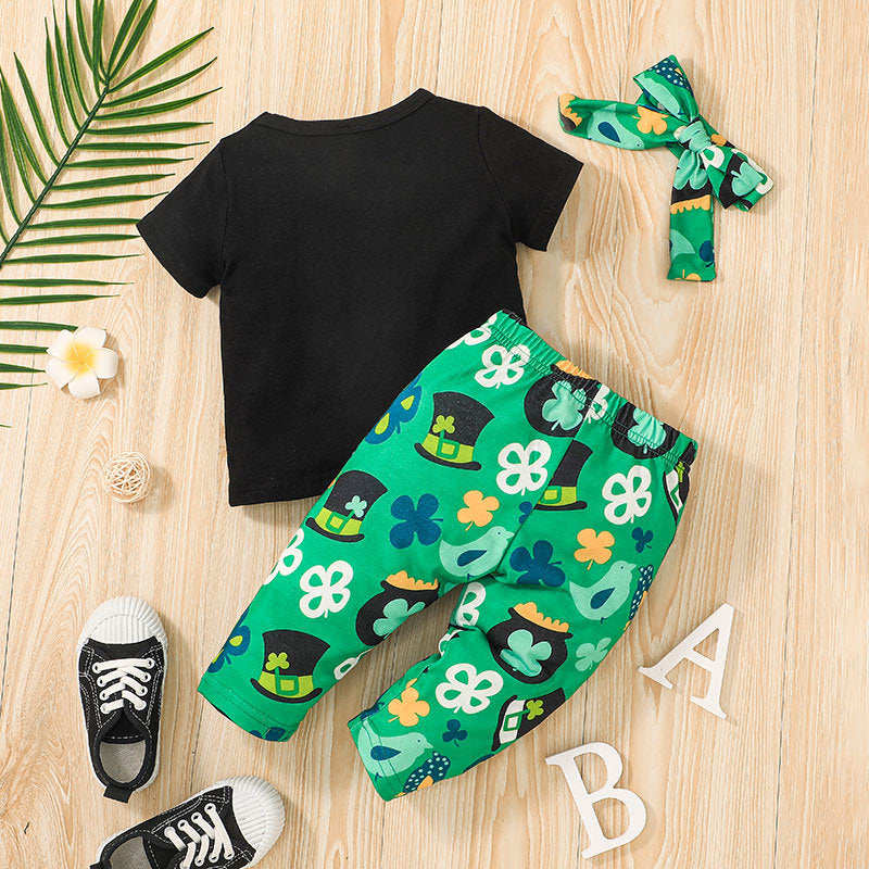 Toddler Boys Solid Colour Letter Round Neck Short Sleeve T-shirt Clover Printed Trousers Set - PrettyKid