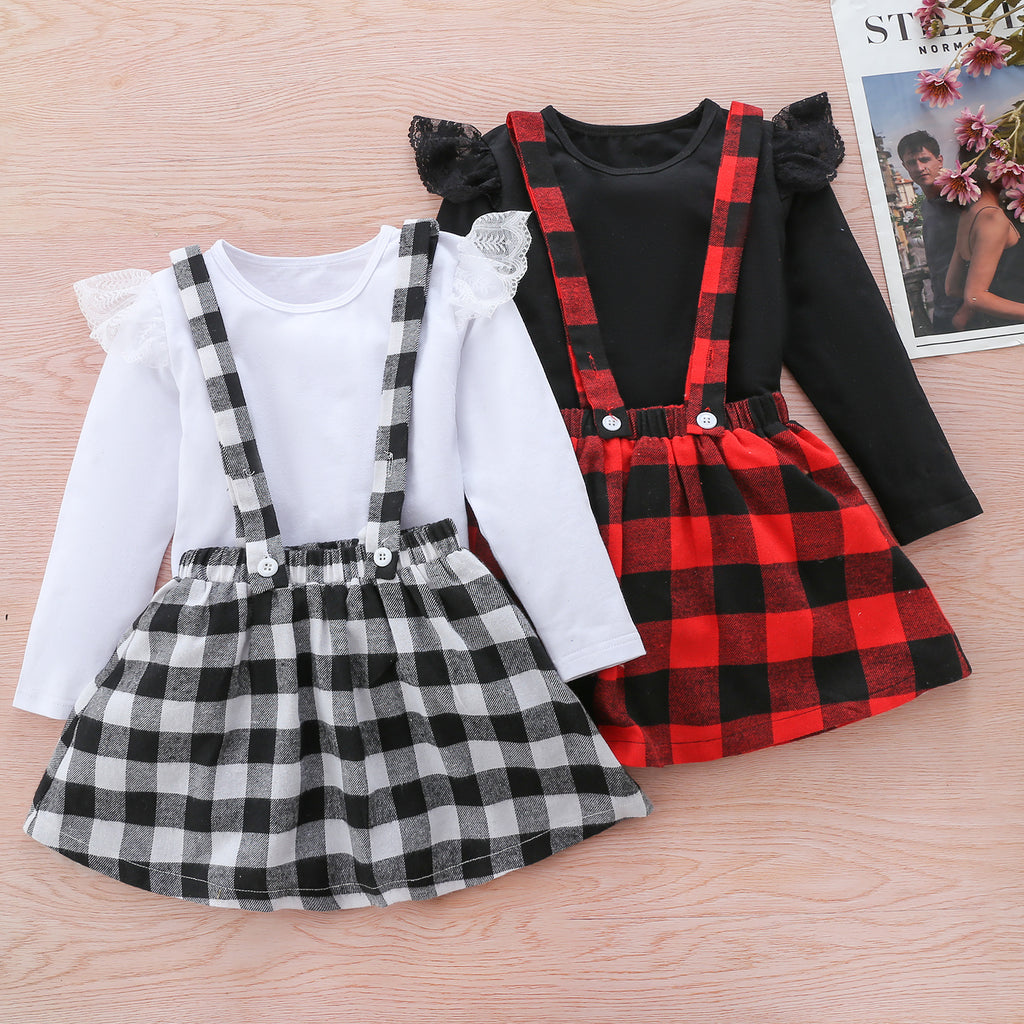 Toddler Kids Girls' Solid Round-necked Long-sleeved Plaid Strappy Skirts Wholesale Girls Dresses - PrettyKid