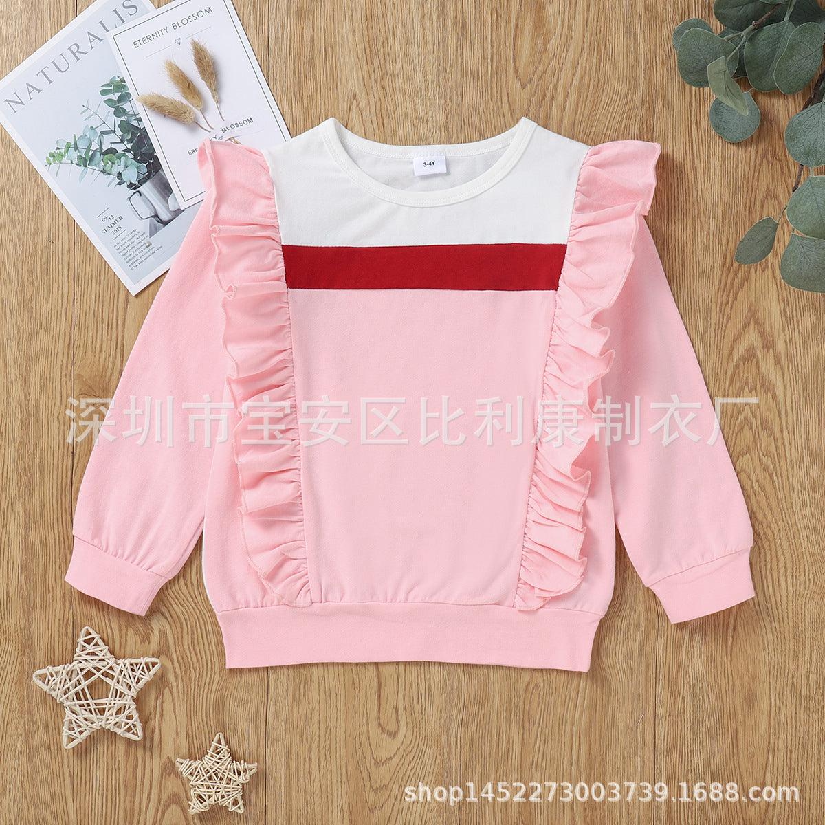 Toddler Kids Girls Solid Color Long Sleeve Ruffle Color Blocking Blouse - PrettyKid