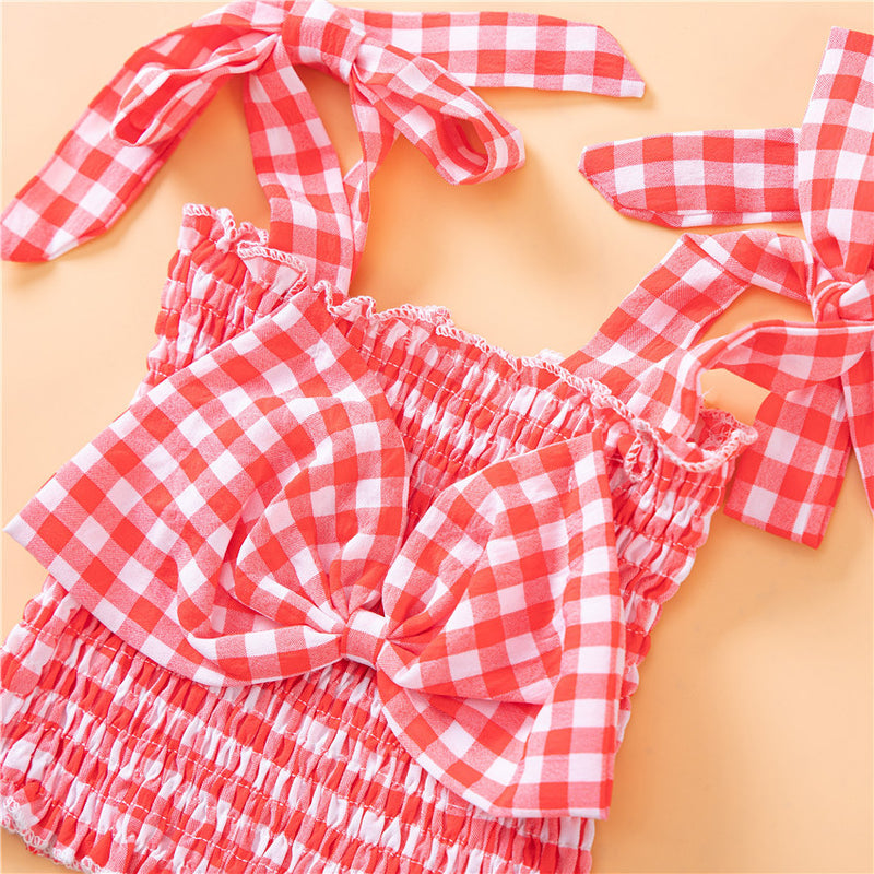 Toddler Kids Girls Plaid Printed Bow Suspender Top Solid Denim Shorts Set - PrettyKid