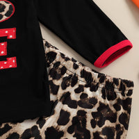 Toddler Kids Girls Solid Love Letter Embroidered Top Leopard Flared Pants Set - PrettyKid