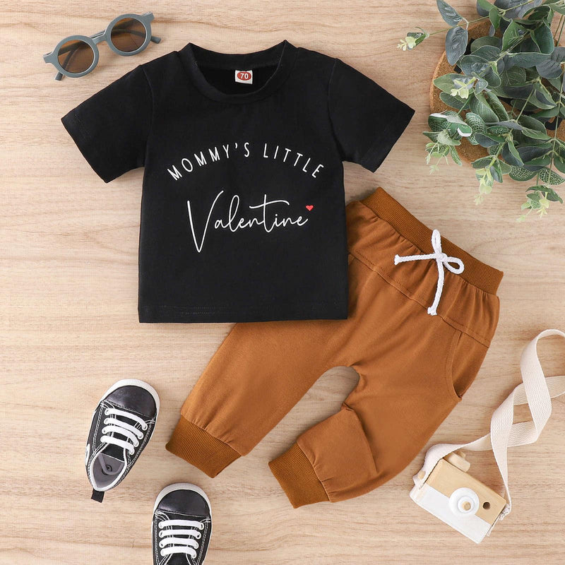 Valentine's Day Spring and Summer Letter Printing T-shirt Pants Fashion Men's Treasure Baby Set - PrettyKid