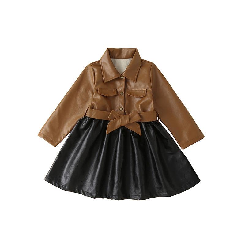 Girls' Autumn and Winter Leather Jacket Medium Length Splicing PU Leather Skirt Coat - PrettyKid