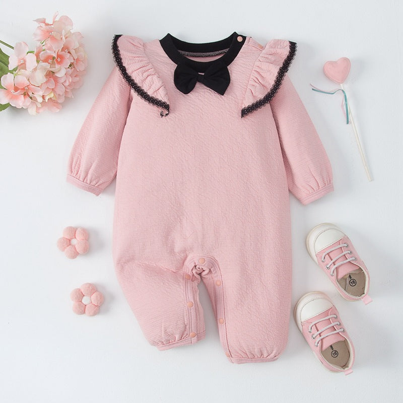 Baby Girls Solid Color Bow Long Sleeve Jumpsuit - PrettyKid