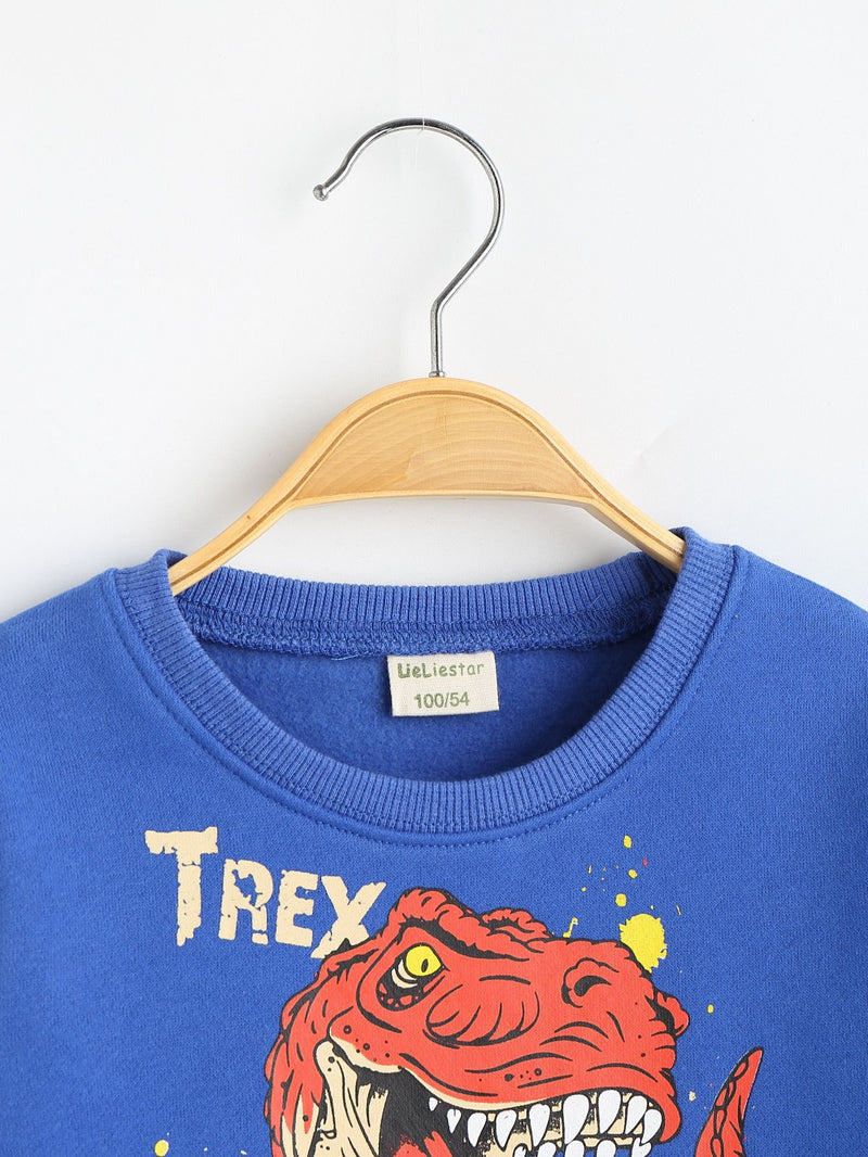 Toddler Kids Boys Solid Color Cartoon Dinosaur Print Round Neck Long Sleeve Plush Sweater Bottomed Shirt - PrettyKid