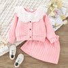 Toddler Kids Girls Doll Collar Solid Color Knitted Long-sleeved Top Half Skirt Set - PrettyKid