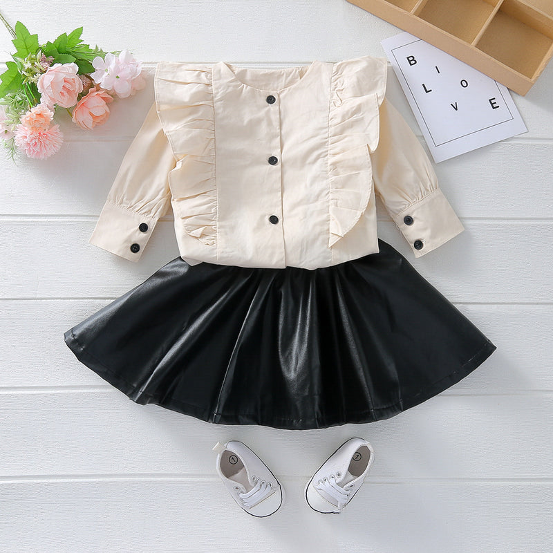 Toddler Kids Girls Beige Single Breasted Long Sleeved Top Black Leather Skirt Set - PrettyKid