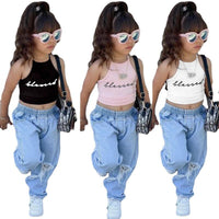 Toddler Kids Girls' Letter Printed Suspender Denim Perforated Pants Set - PrettyKid