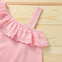 Summer Girls Set Solid Color Single Shoulder Strap Sleeveless Lace Tops Denim Shorts Two-piece - PrettyKid