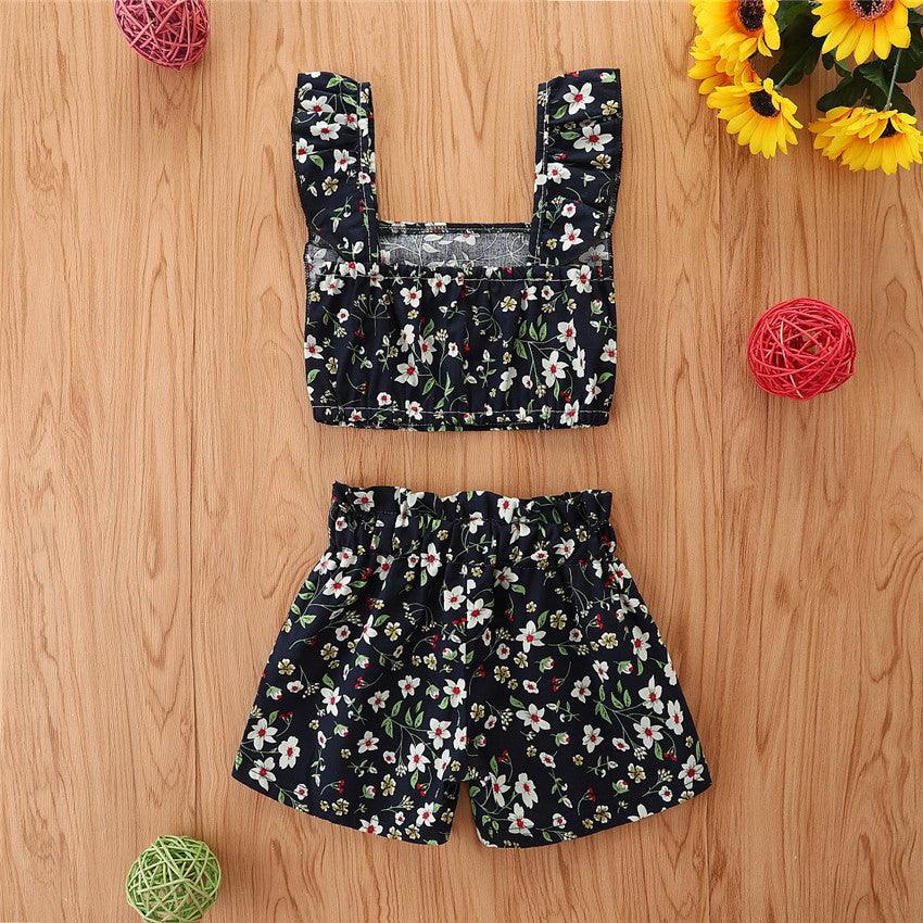 Toddler Kids Girls Printed Suspender Shorts Two Piece Set Children's Boutique Wholesale Suppliers - PrettyKid