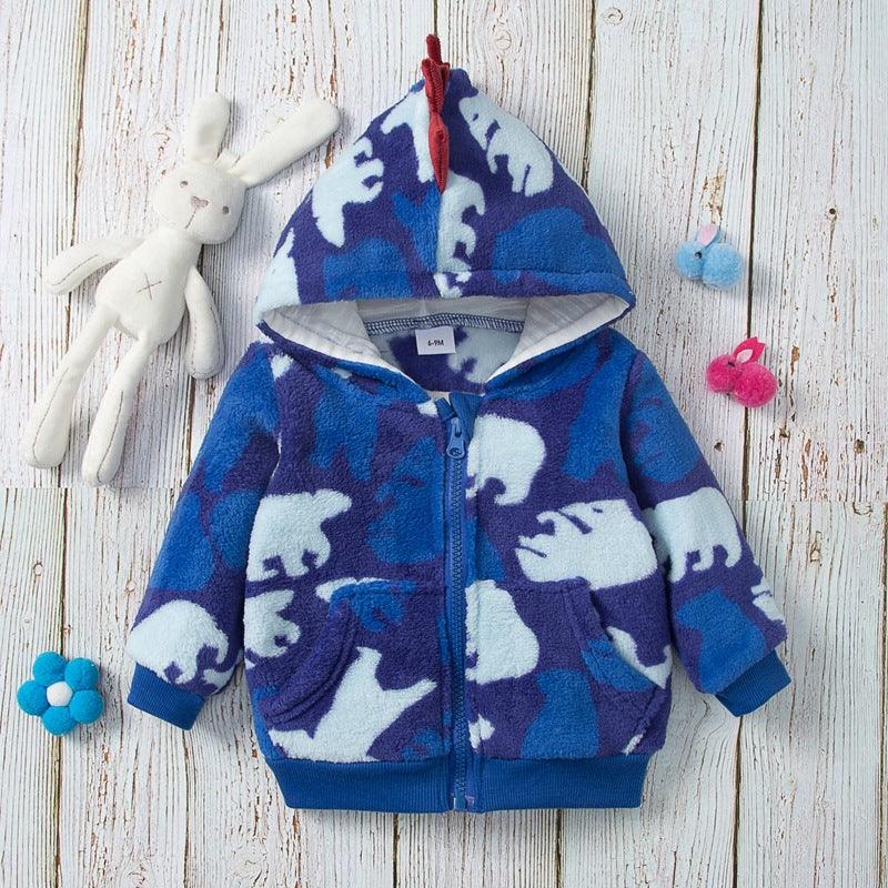 Toddler Kids Boys Cartoon Dinosaur Zipper Hooded Flannel Jacket - PrettyKid