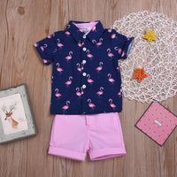 Toddler Kids Boys Flamingo Print Short Sleeve Gentleman Suit - PrettyKid