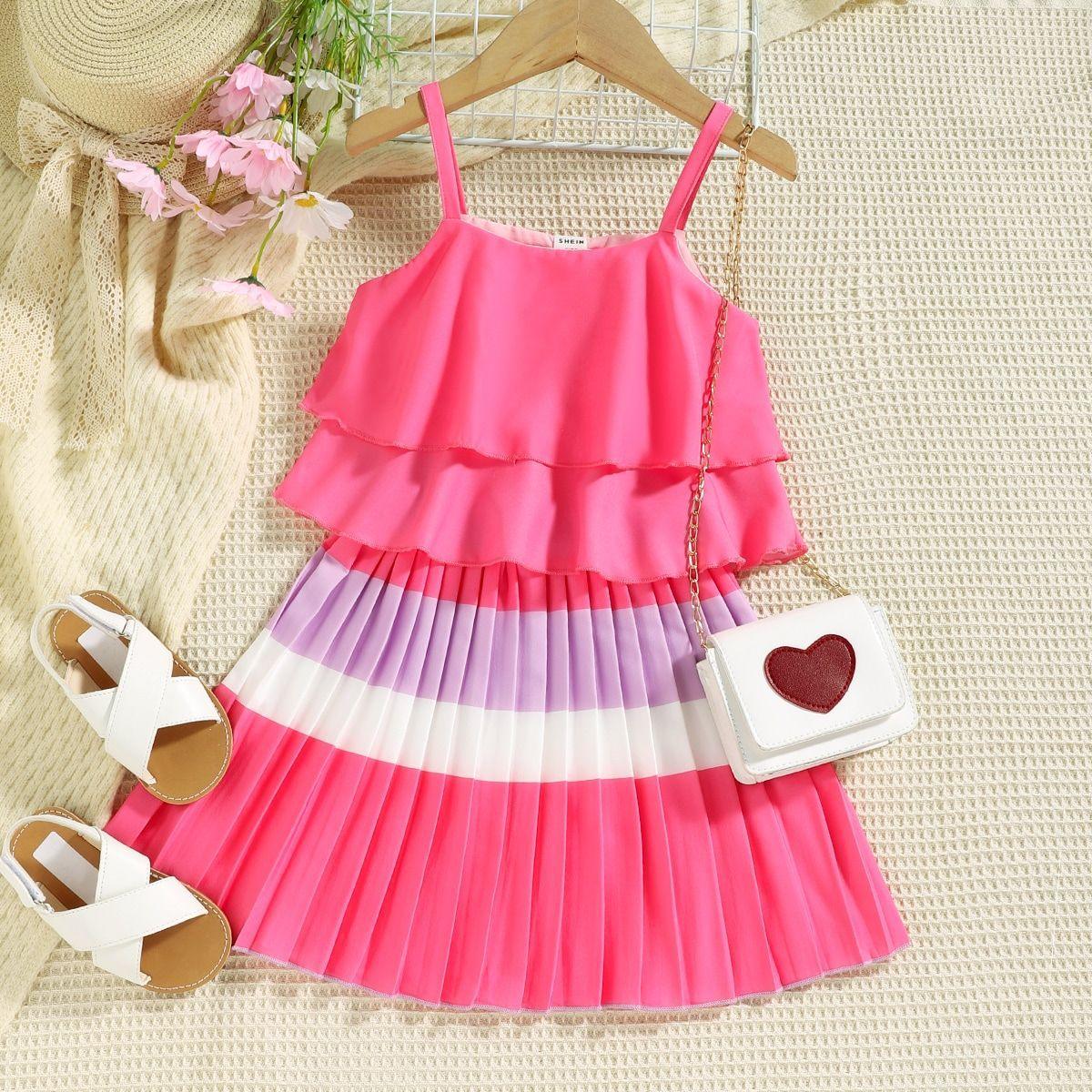 Spring and Summer Rose Belt Top Pleated Cake Skirt Girls Suit