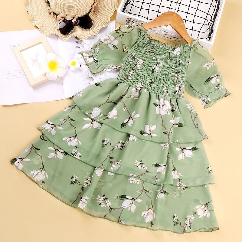 Kids Girls Solid Flower Print Short Sleeve Cake Dress - PrettyKid