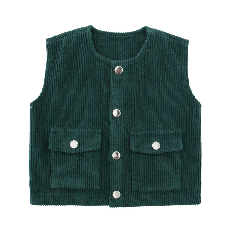 Children Boys Girls Corduroy Solid Double Pocket Vest Top - PrettyKid