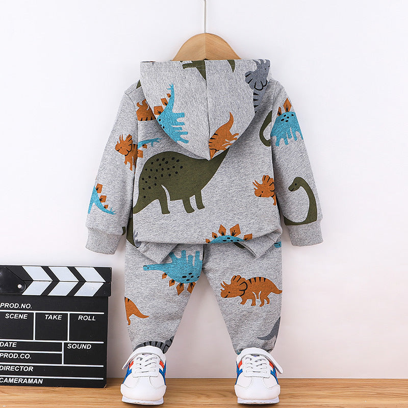 Toddler Kids Boys Solid Color Cartoon Dinosaur Long-sleeved Hooded Sweatshirt and Long Pants Set - PrettyKid
