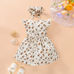 Toddler Kids Girls Floral Print Ruffle Round Neck Sleeveless Dress Hair Set - PrettyKid