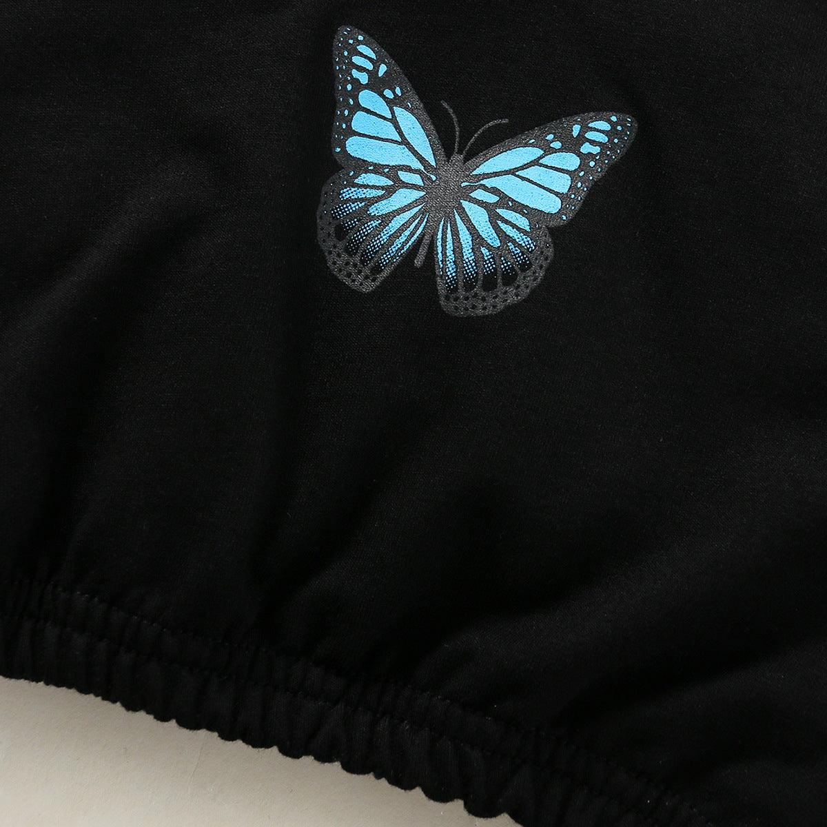 Toddler Girls Solid Blue Butterfly Print Long Sleeve Hoodie Set - PrettyKid