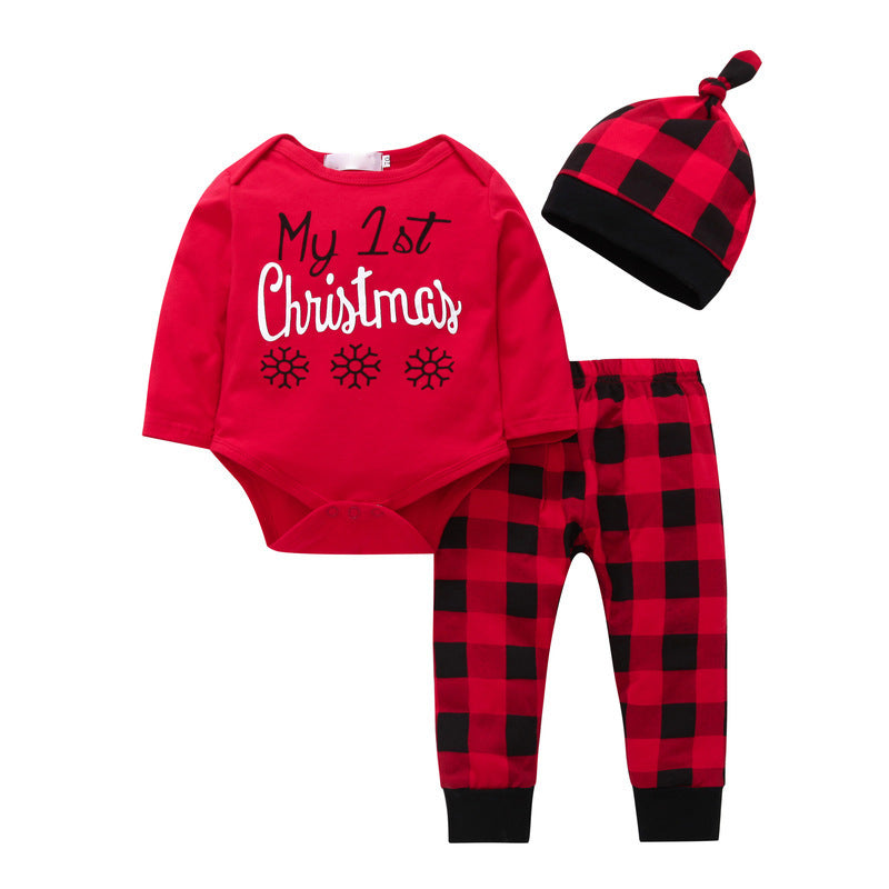 Children's Letter Printed Plaid Triangle Jumpsuit Pants Hat Christmas Three Piece Set Wholesale Baby Clothes Online - PrettyKid