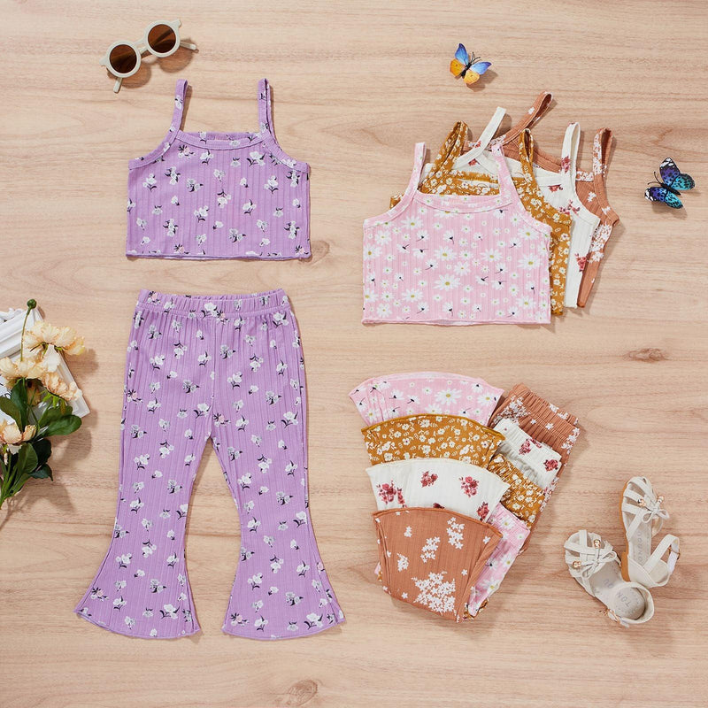 Toddler Kids Girls' Cotton Floral Suspenders Flared Pants Set - PrettyKid