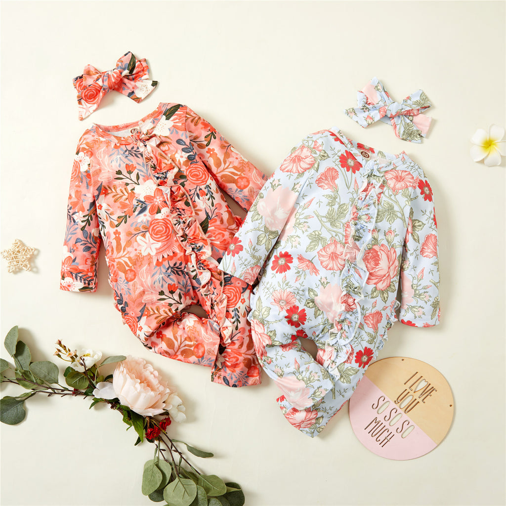 Baby Girls Flower Print Zipper Jumpsuit - PrettyKid
