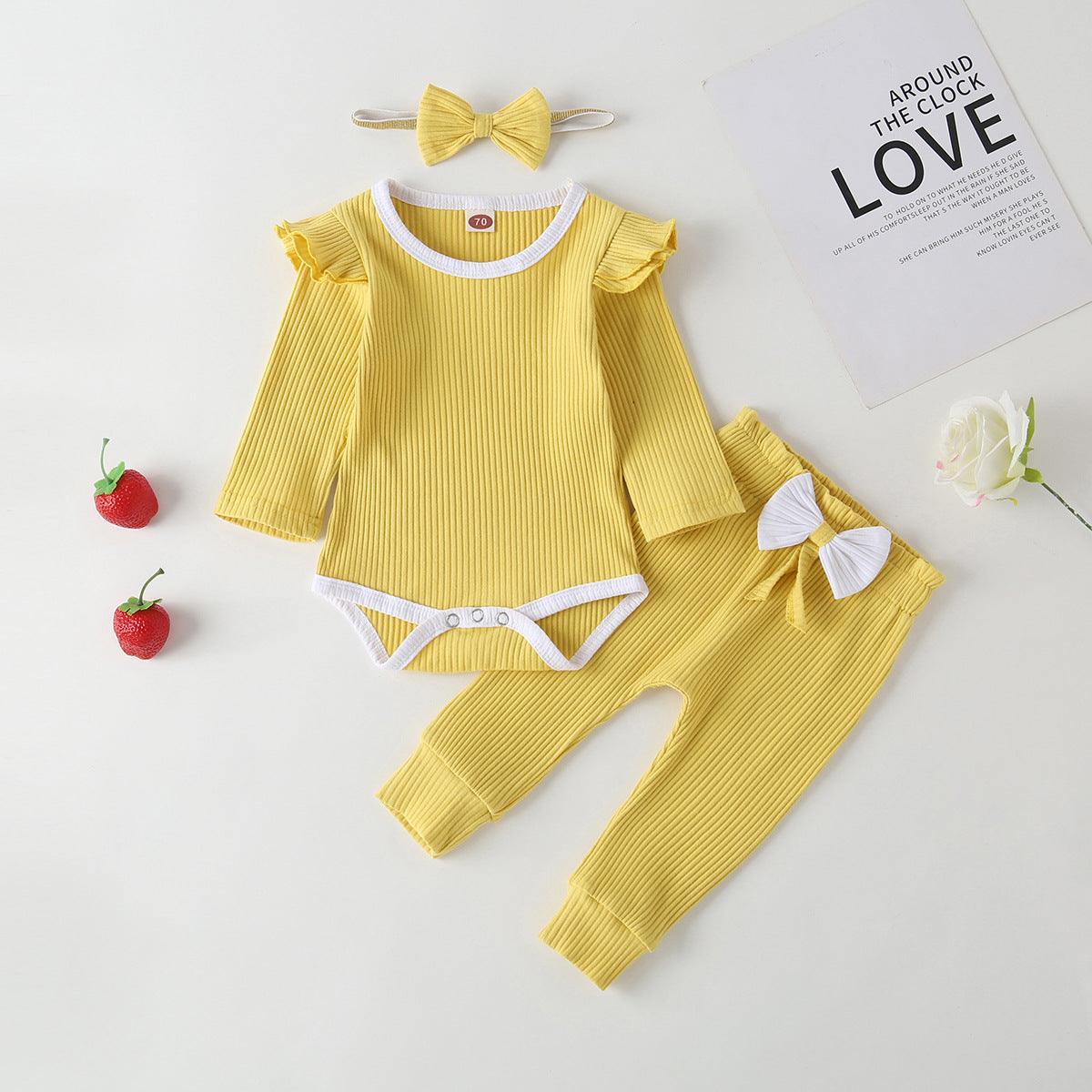 Baby Girls Solid Cotton Bow Jumpsuit Pants Three Piece Set - PrettyKid