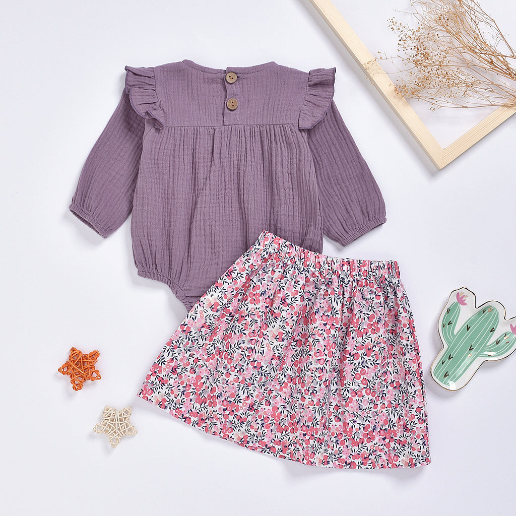Baby Girls Solid Cotton Linen Jumpsuit Floral Skirt - PrettyKid
