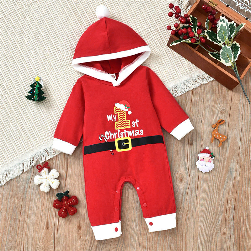 Baby Boys Girls Letter Print Cute Santa Hooded Jumpsuit - PrettyKid