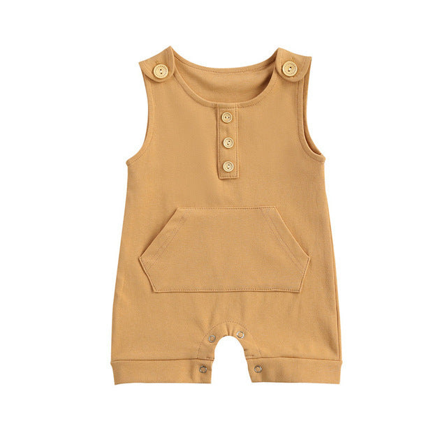Baby Clothes Summer New Men and Women Baby Solid Color Shoulder Button Sleeveless Open Collar Jumpsuit Comfortable Cotton Short Climbing Clothes - PrettyKid