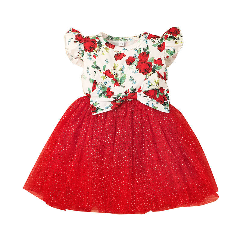 Toddler Kids Girl Solid Colour Cartoon Print Bow Sleeveless Mesh Patchwork Dress - PrettyKid