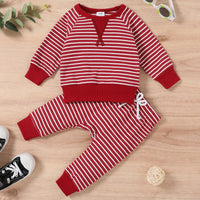 Toddler Kids Boys Girls Striped Round Neck Long Sleeve Pajama Suit - PrettyKid