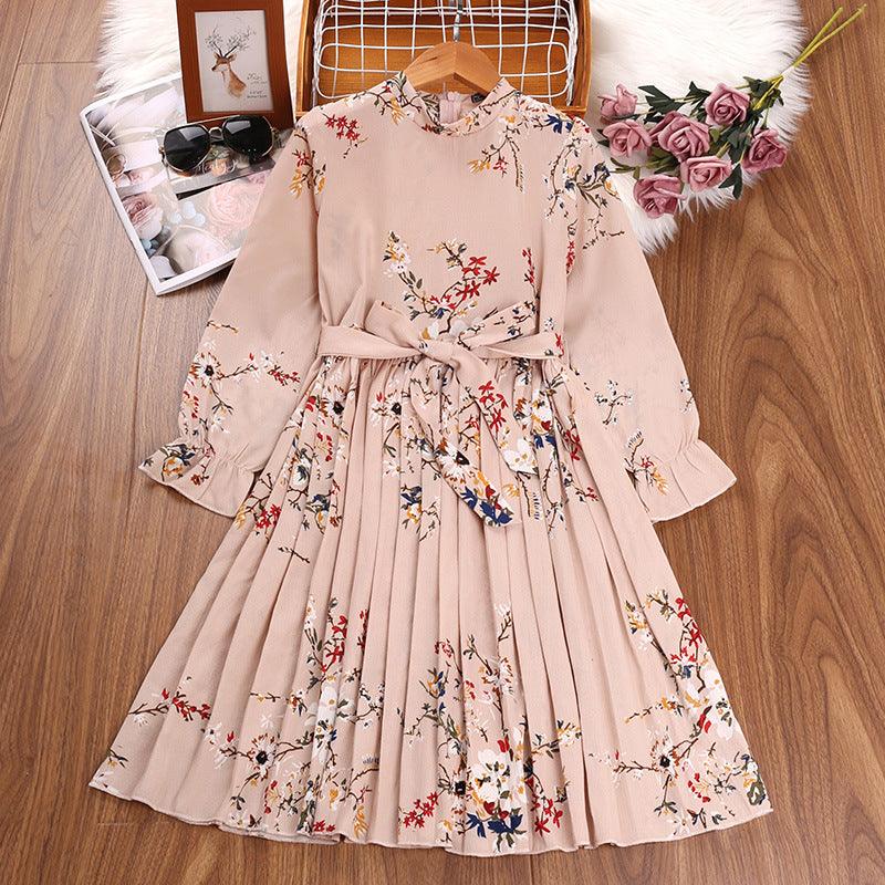 Kids Girls' Solid Color Floral Print Waist Pleated Dress - PrettyKid