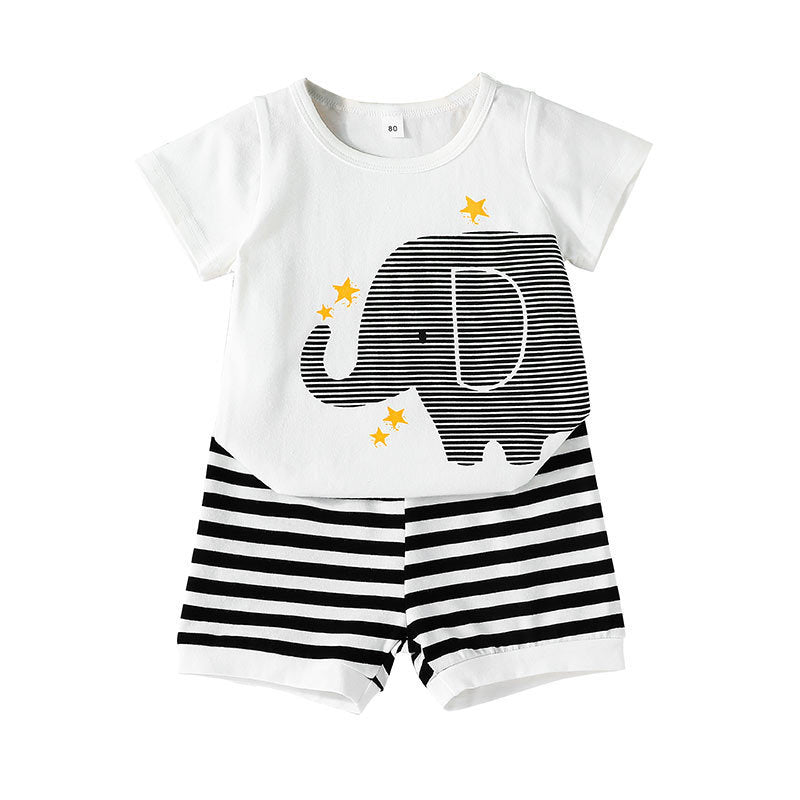 Toddler Boys Solid Color Cartoon Elephant Print Short Sleeve T-shirt Stripe Shorts Set - PrettyKid