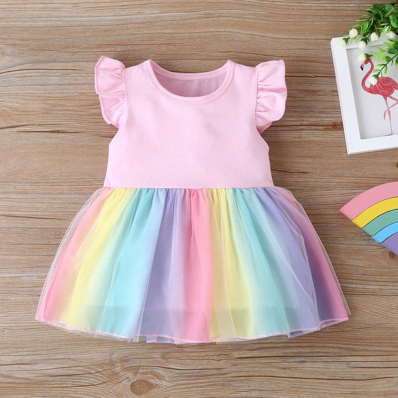 Toddler Kids Girl Summer Solid Color Sleeveless Rainbow Color Mesh Splicing Dress - PrettyKid