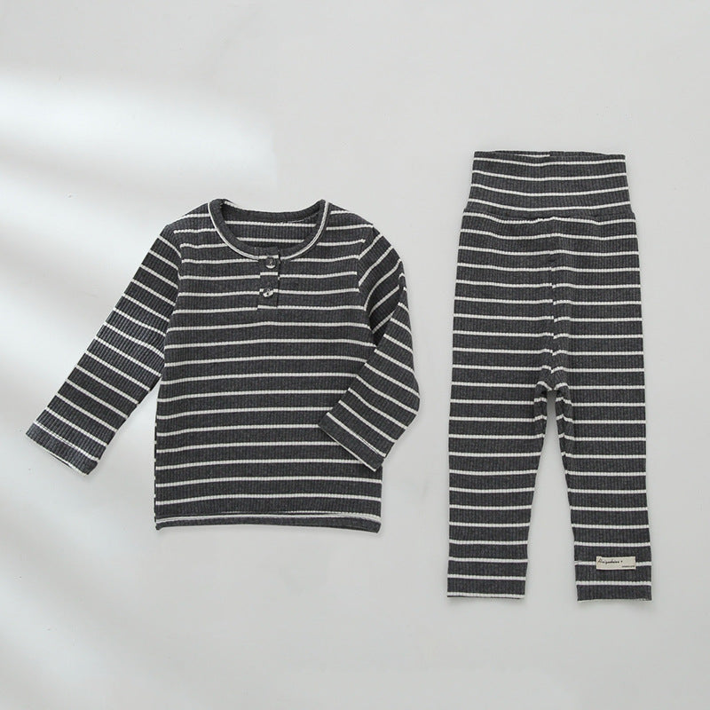 Baby Boys Girls Knitted Stripe Printed Round Neck Long Sleeved Jumpsuit Pants Set - PrettyKid