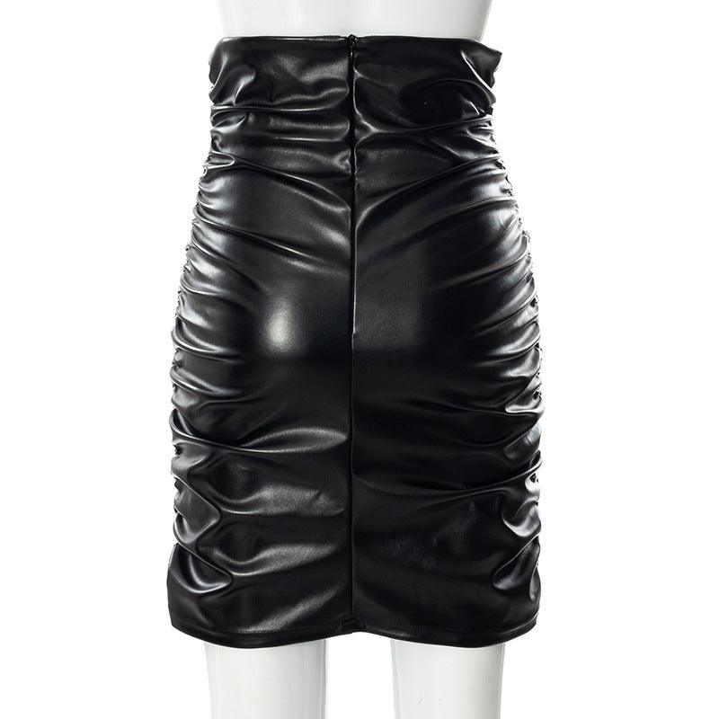 Women‘s Solid Pleated PU Leather Hip Wrap Skirt - PrettyKid