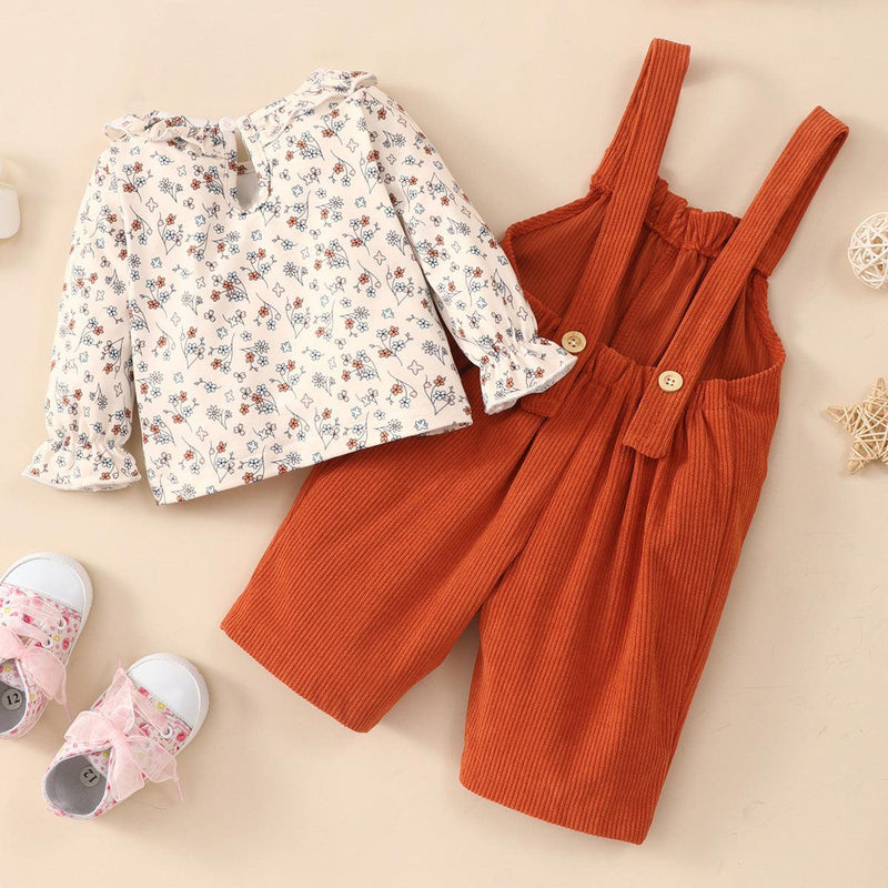 Toddler Kids Girl Floral Print Top Cartoon Fox Embroidery Pocket Corduroy Backpack Pants Set - PrettyKid