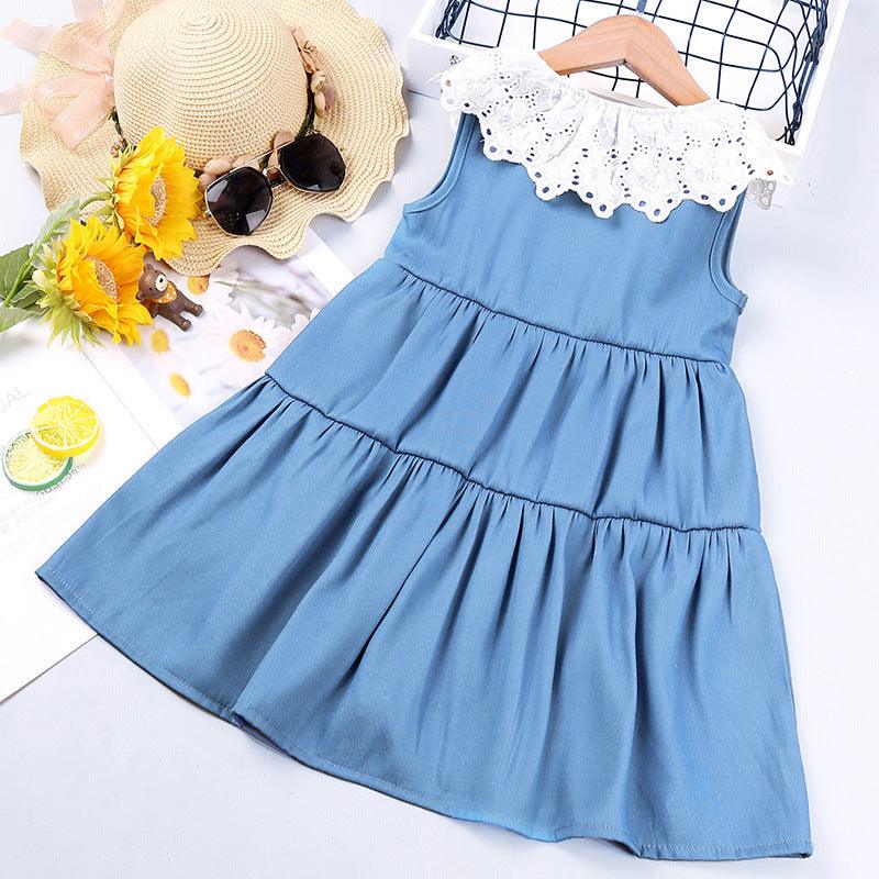 Toddler Kids Girls Solid Lace Neckline Sleeveless Dress - PrettyKid