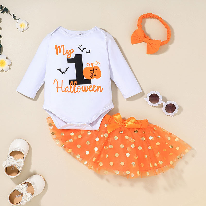 Baby Girls Halloween Suit Long Sleeve Printed T-shirt Wave Dot Skirt Two Piece Set Wholesale Baby Clothes for Resale - PrettyKid