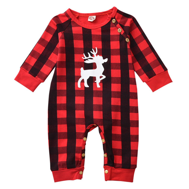 Baby Boys Girls Plaid Print Christmas Deer Long-sleeved Jumpsuit - PrettyKid